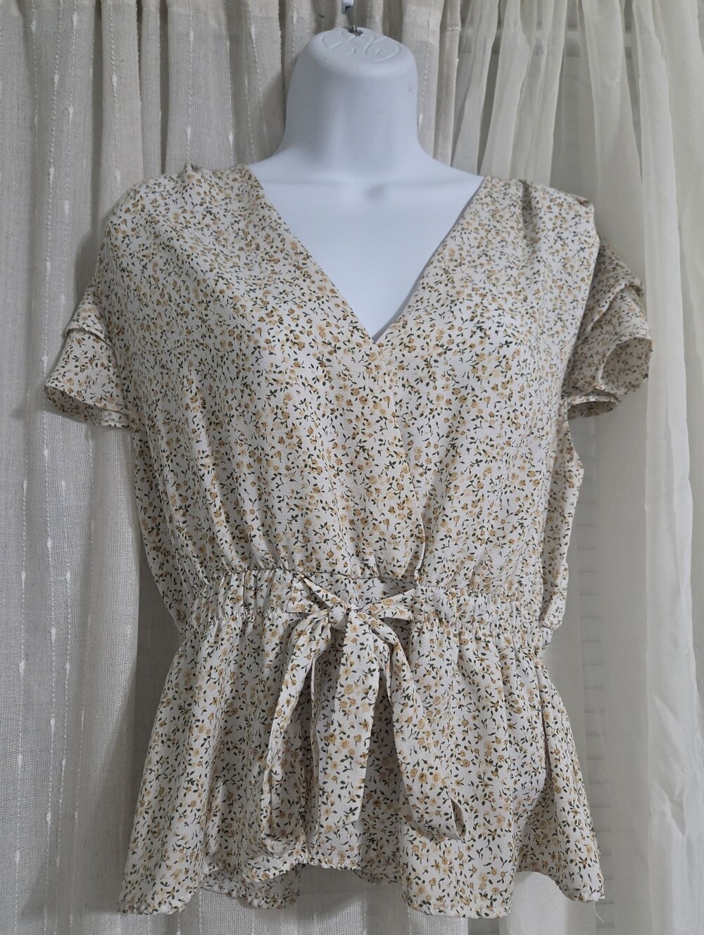 Sweet Rain Cream Mini Wrap Top with Mustard Floral Print
